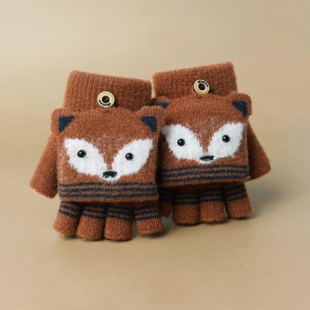 Cartoon Convertible Flip Top Gloves Toddler Kids Winter Wool Knit Fingerless Glo - Picture 6 of 7